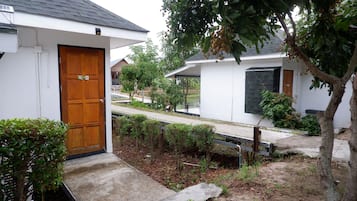 A residential area with a wooden door, a white building, and a tree with fruit.