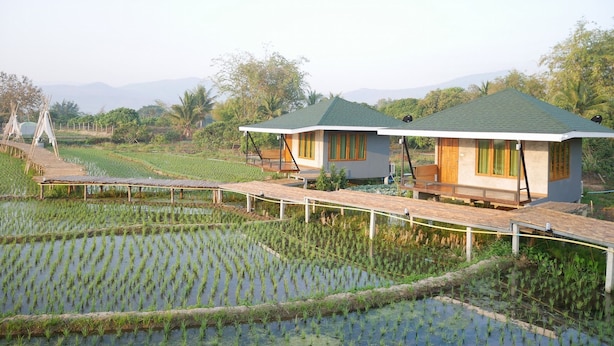 Entorno rural con dos construcciones pequeñas, un puente de madera y campos de arroz.
