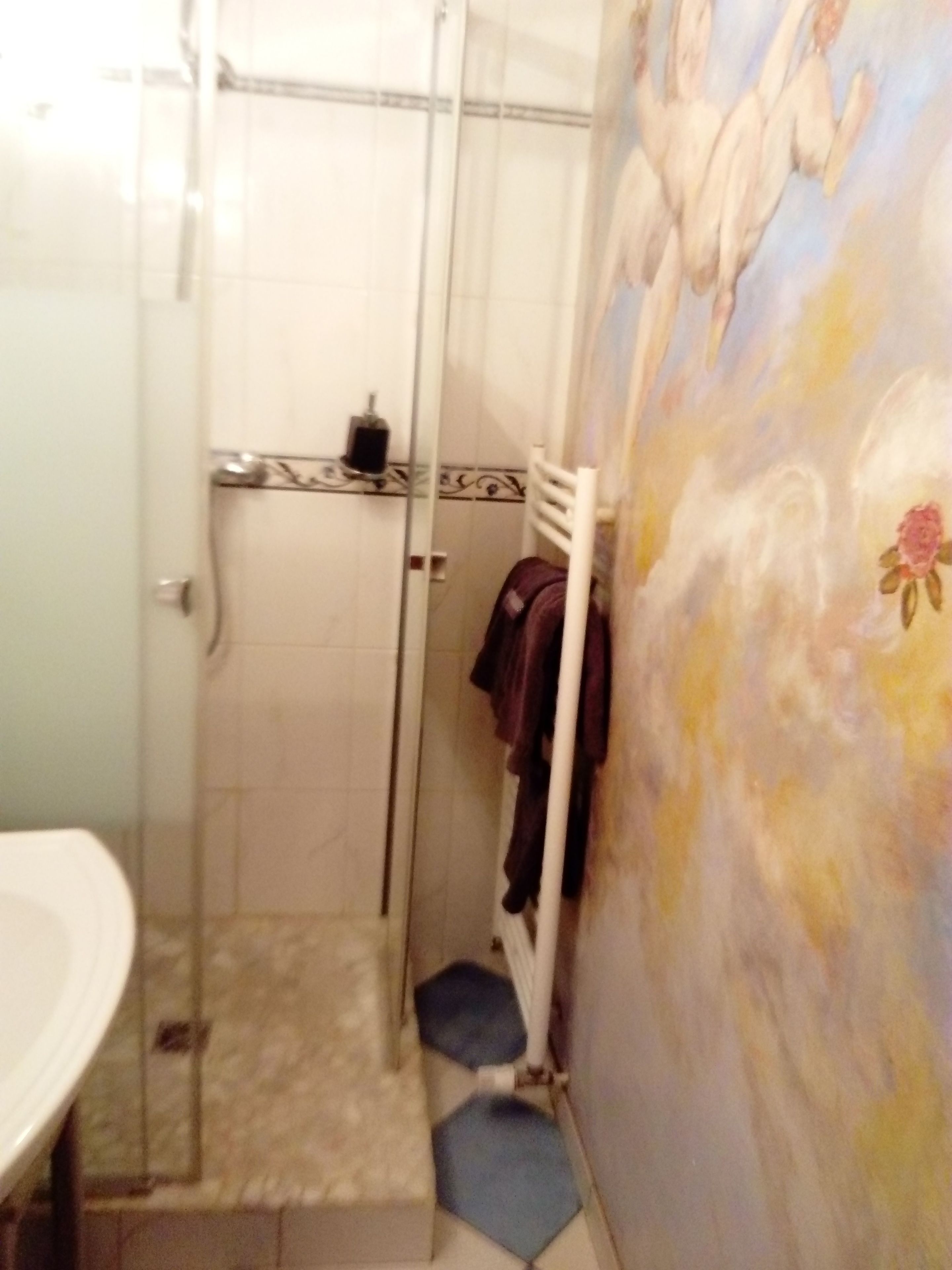 A bathroom with a shower, a sink, and a towel rack.