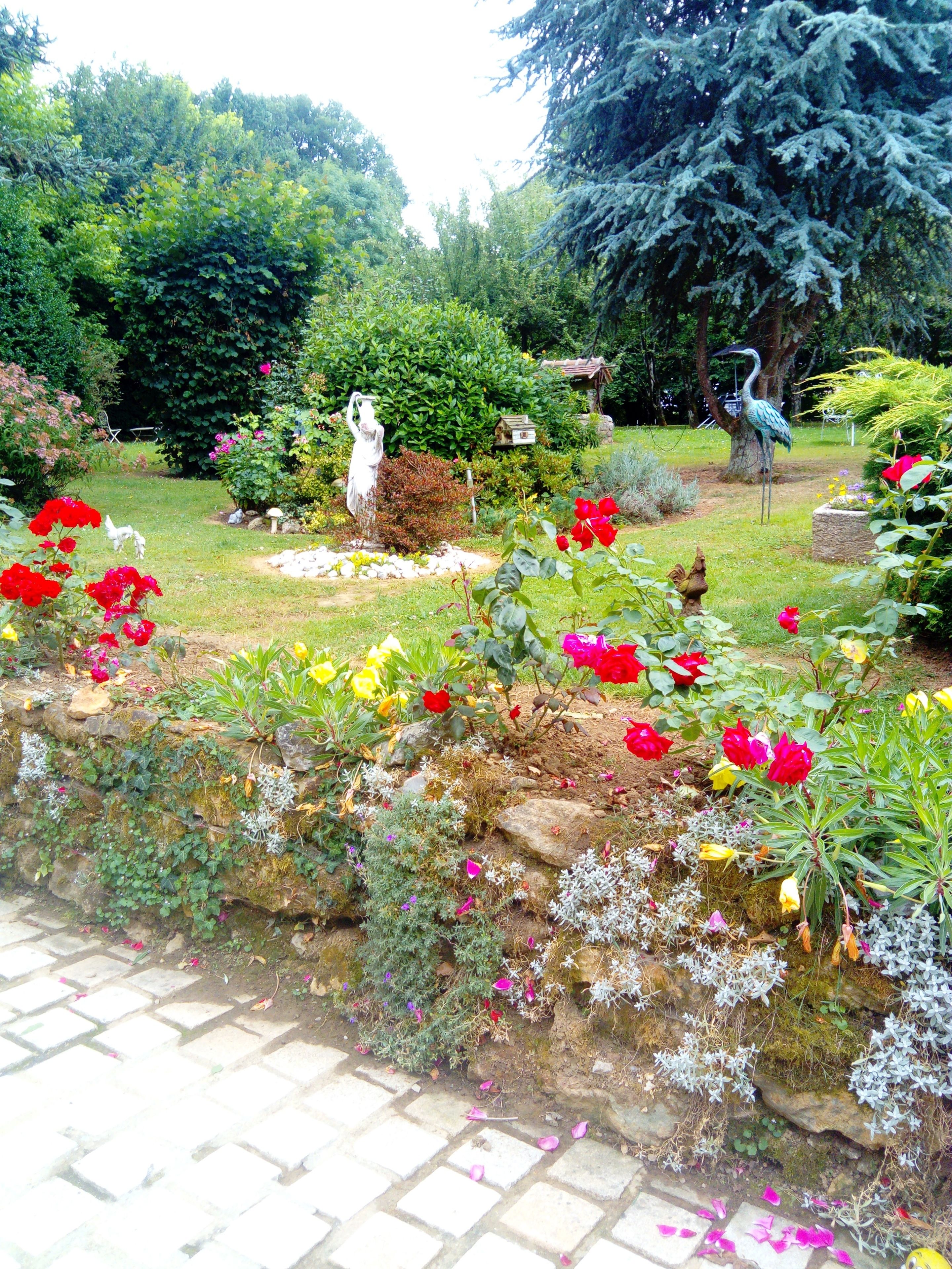 Um jardim com uma estátua, diversas plantas e uma escultura de pássaro.