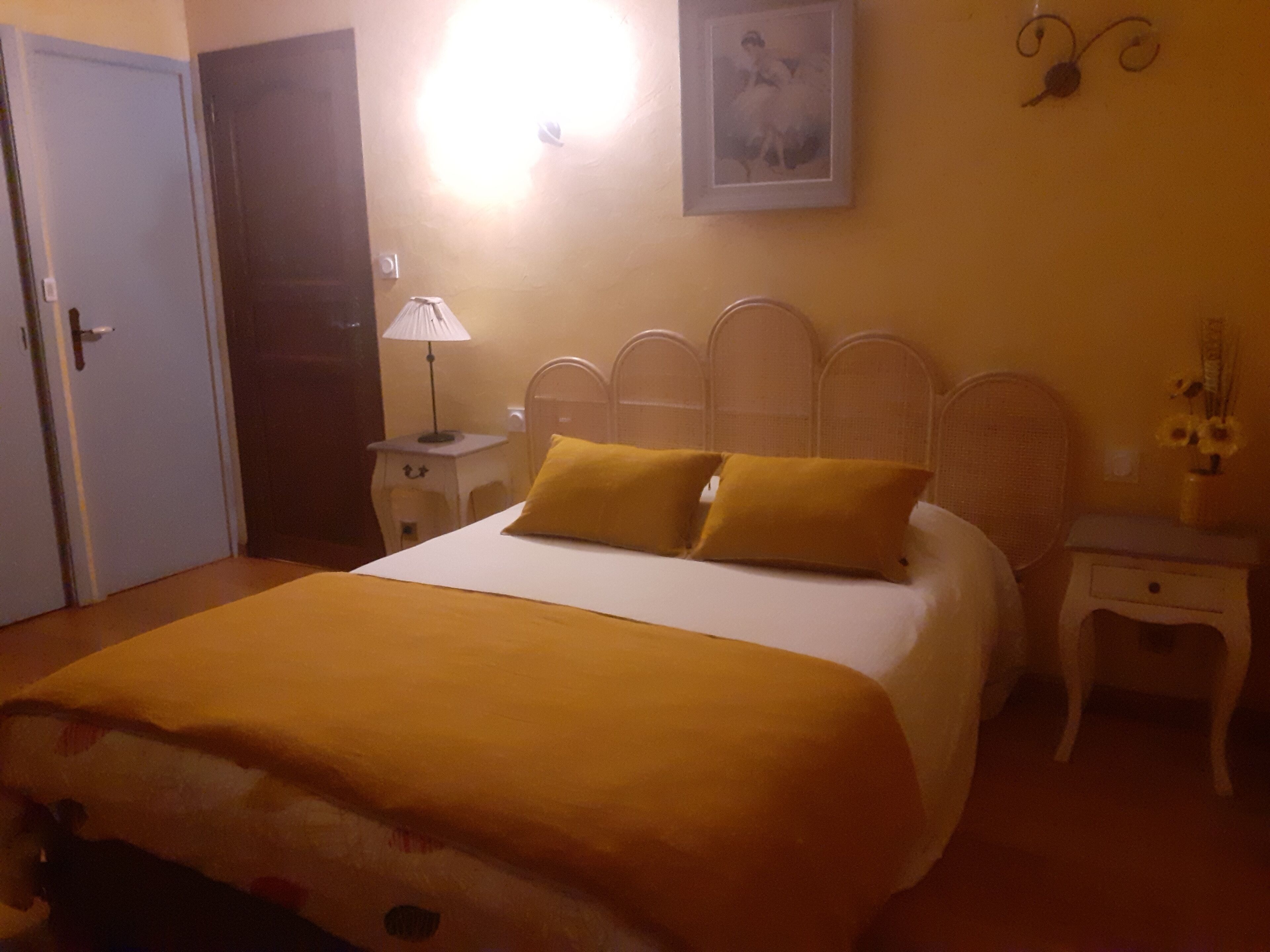 A bedroom with a bed, bedside tables, a lamp, a picture on the wall, and a door.