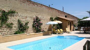 Outdoor pool, a heated pool, sun loungers