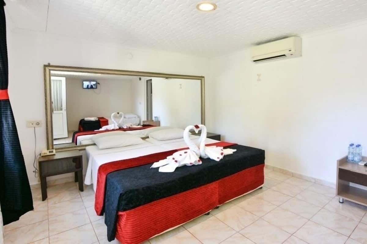 A hotel room with a large bed, a mirror, an air conditioning unit, and a small bedside table with a water bottle.
