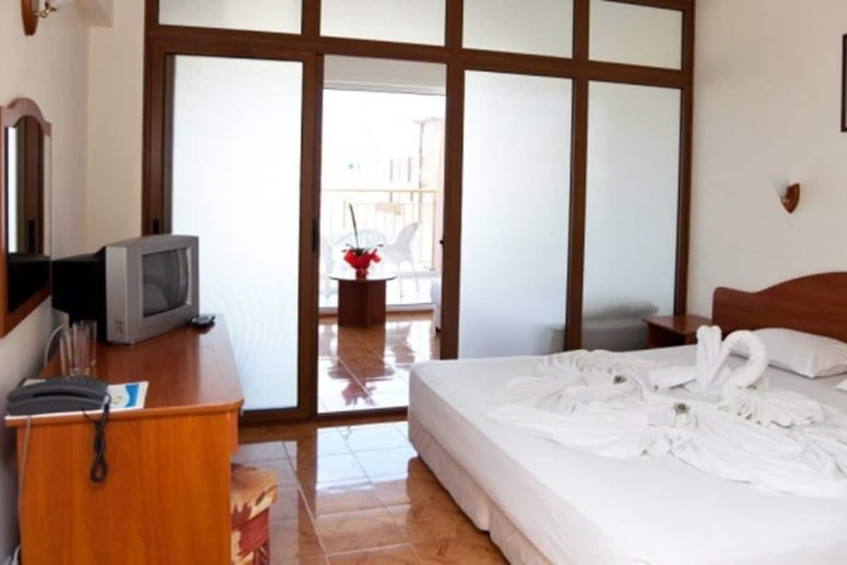 A hotel room with a bed, a wooden desk with a telephone, a television, and a view of the outside balcony.