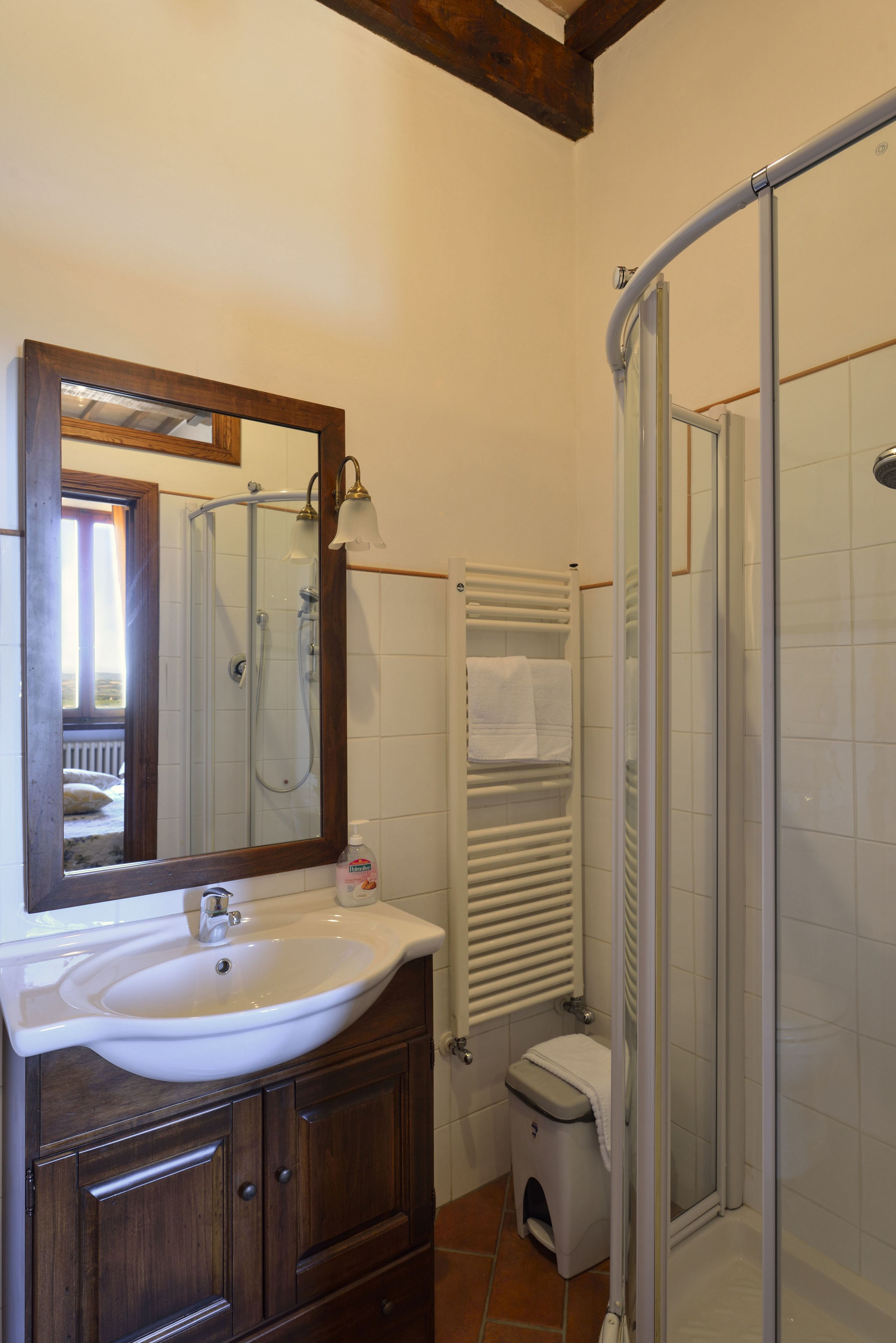 Un baño con lavamanos, espejo, ducha y toallero.