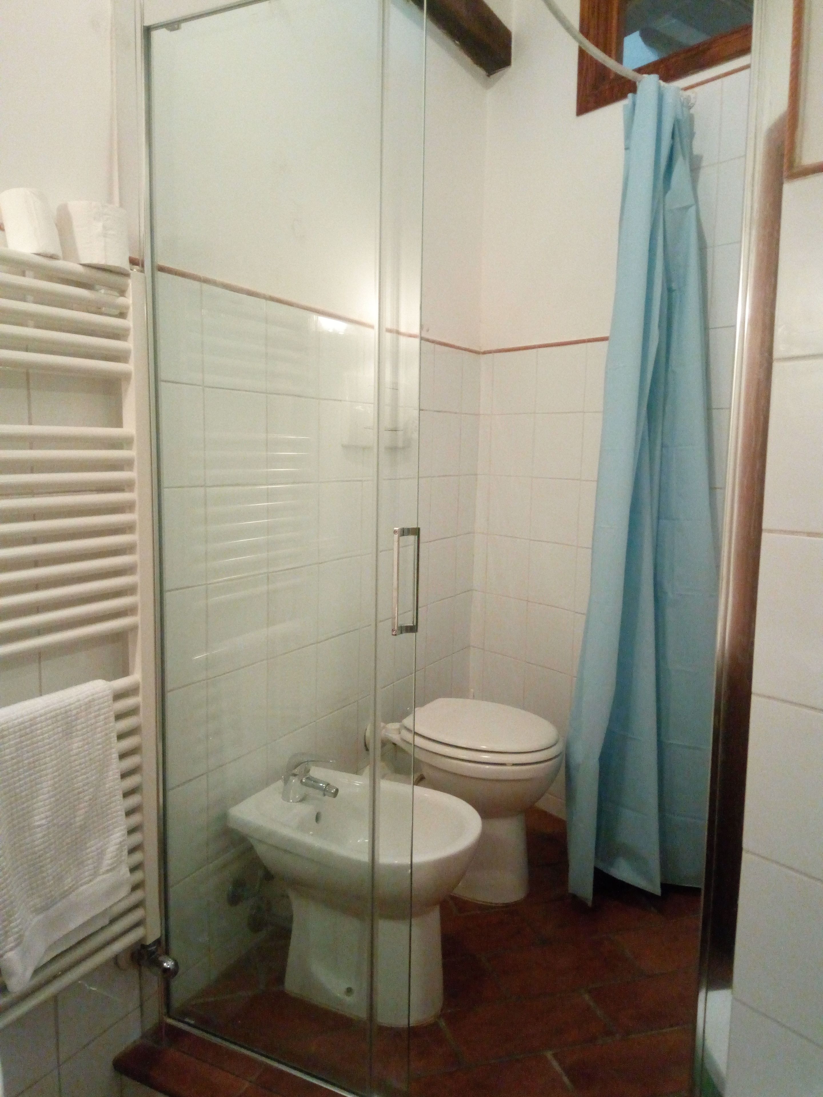 A bathroom with a glass-enclosed shower, a toilet, and a bidet.