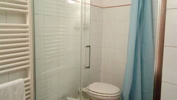 A bathroom with a glass-enclosed shower, a toilet, and a bidet.