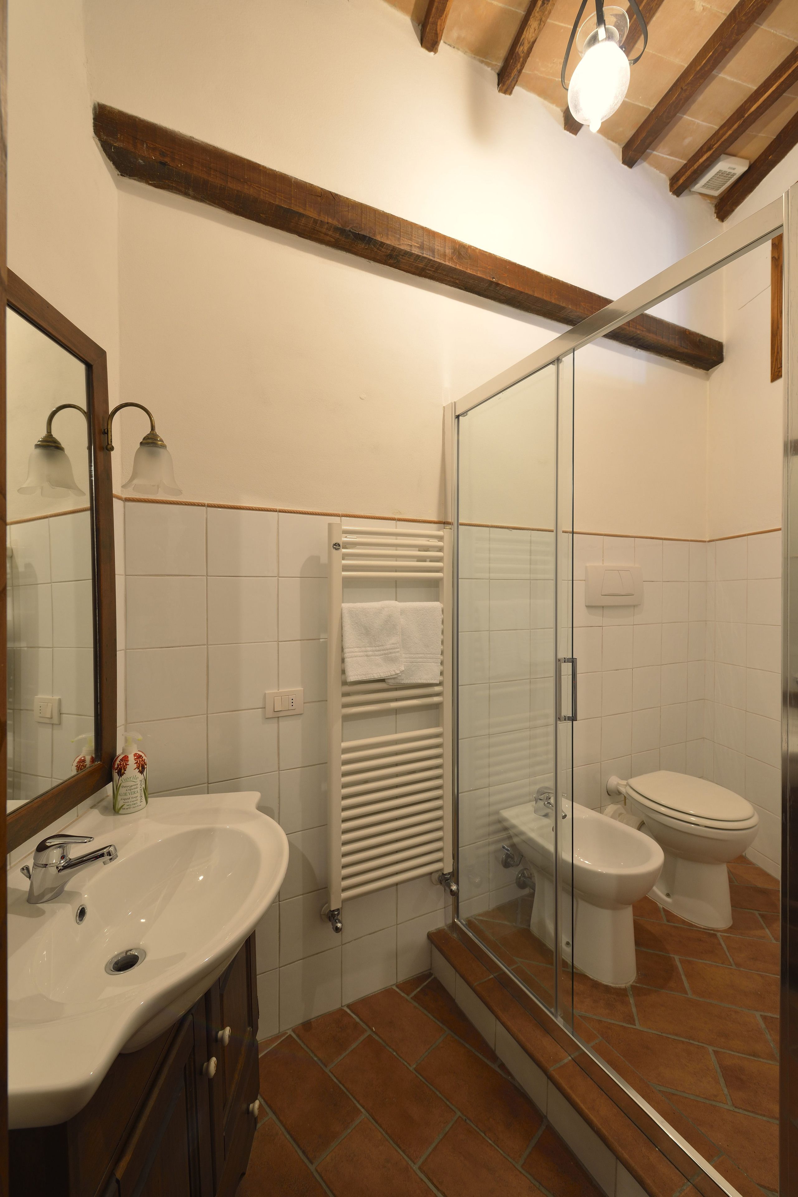 A bathroom with a glass shower enclosure, a white sink, and a toilet.