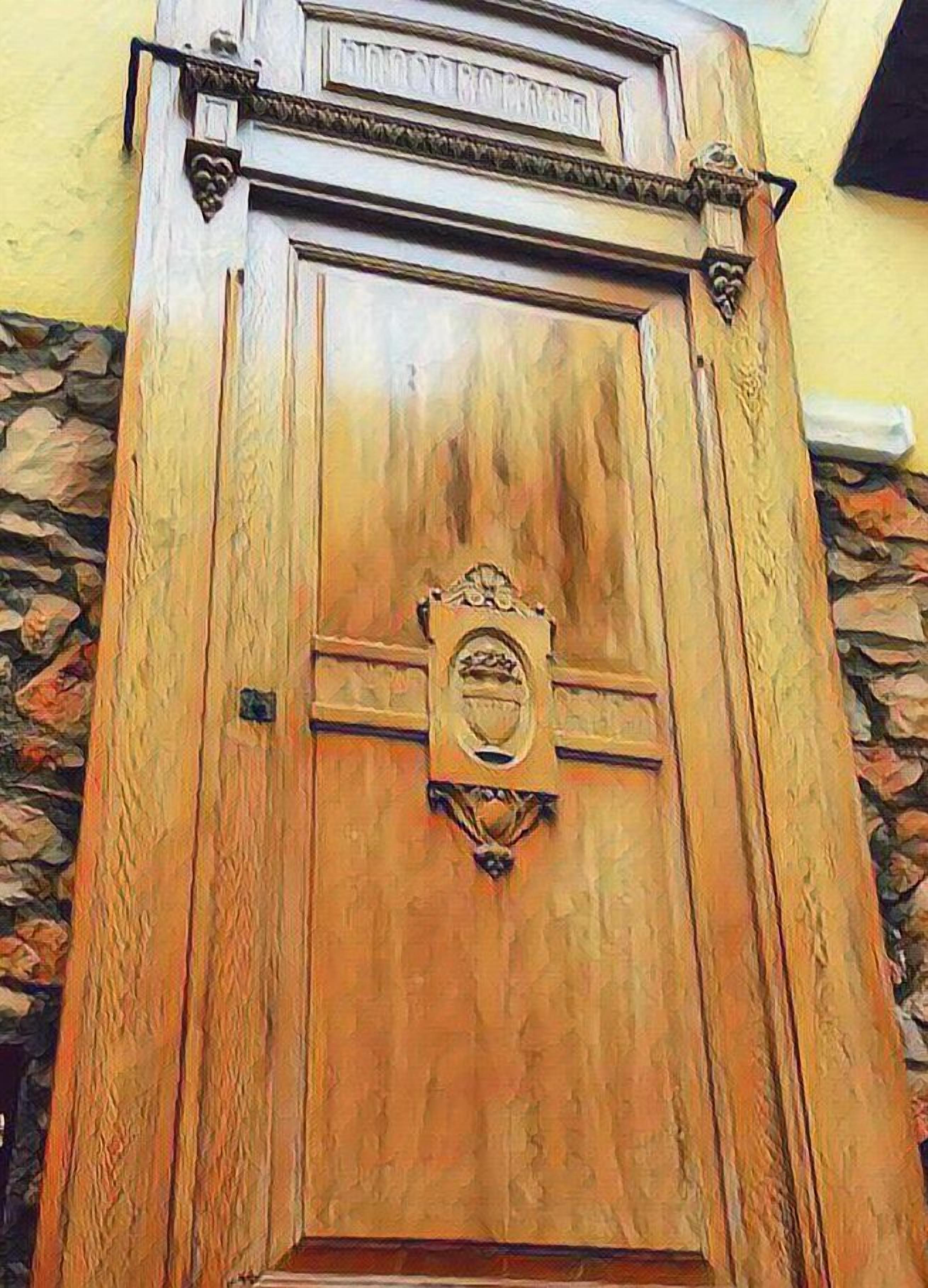 A wooden door with a decorative emblem and a stone wall on one side.