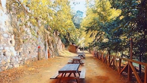 Un sentier de terre bordé de tables et de bancs en bois pour pique-niquer, flanqué de murs de pierre et de rampes en bois.
