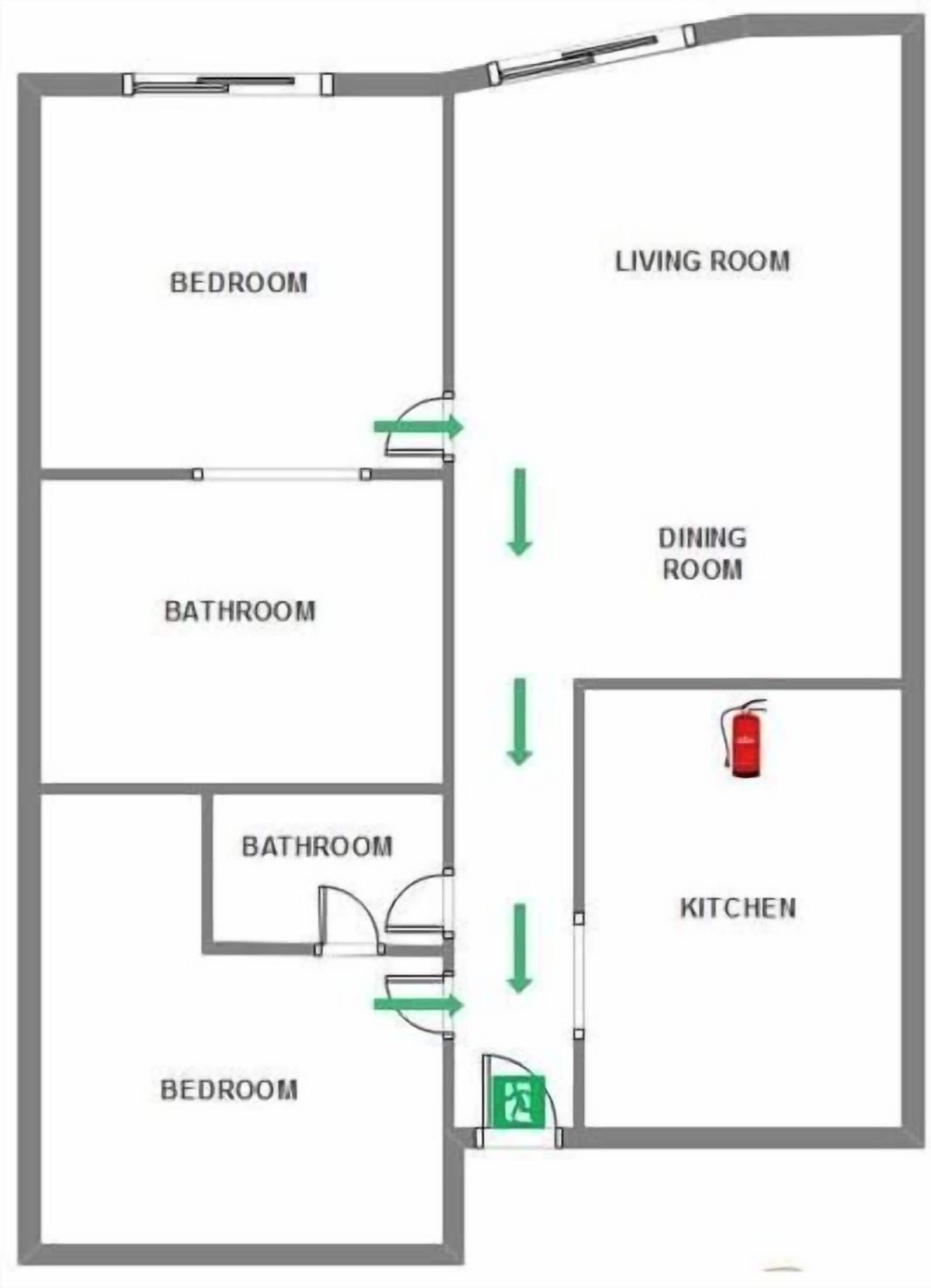 Plano de planta con dos dormitorios, dos baños, sala de estar, comedor y cocina.