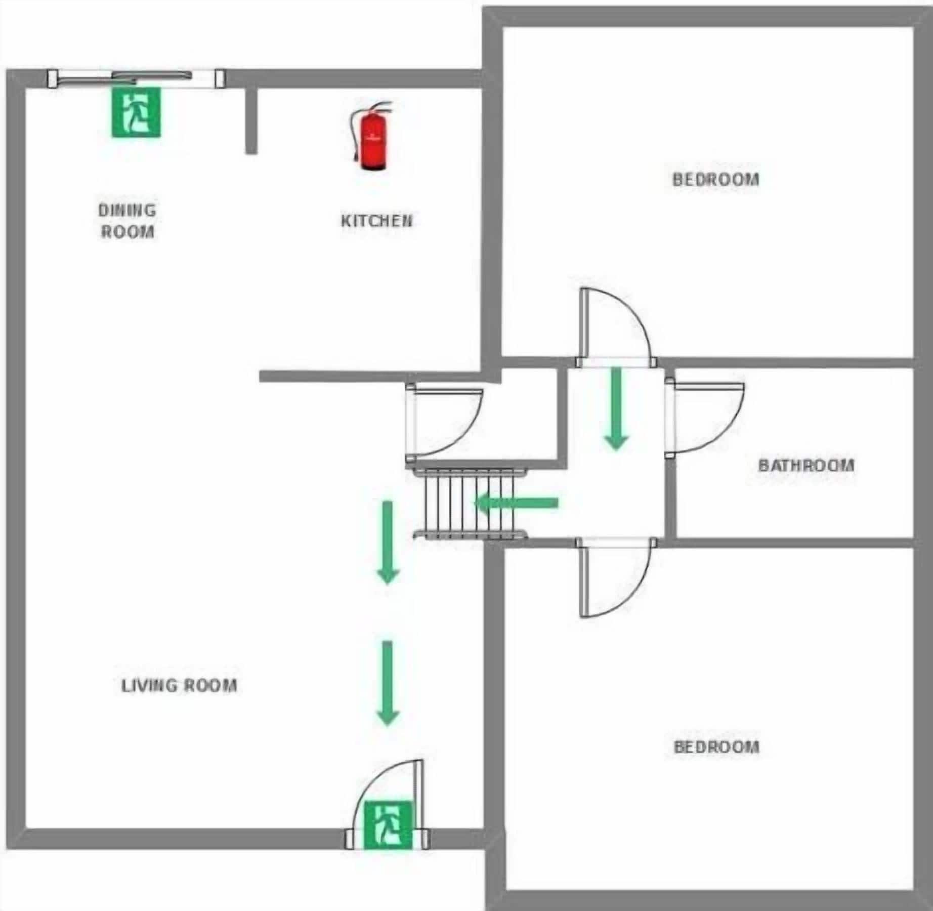 A floor plan with a dining room, kitchen, living room, two bedrooms, and a bathroom.
