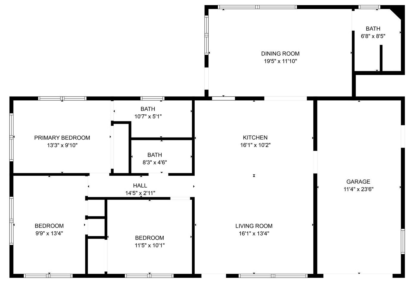 A floor plan with a primary bedroom, secondary bedroom, bathroom, dining room, kitchen, living room, hall, and garage.