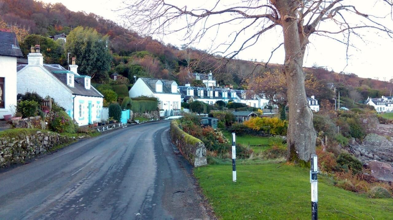 Un camino estrecho bordeado por casas con muros de piedra y un gran árbol a la derecha.