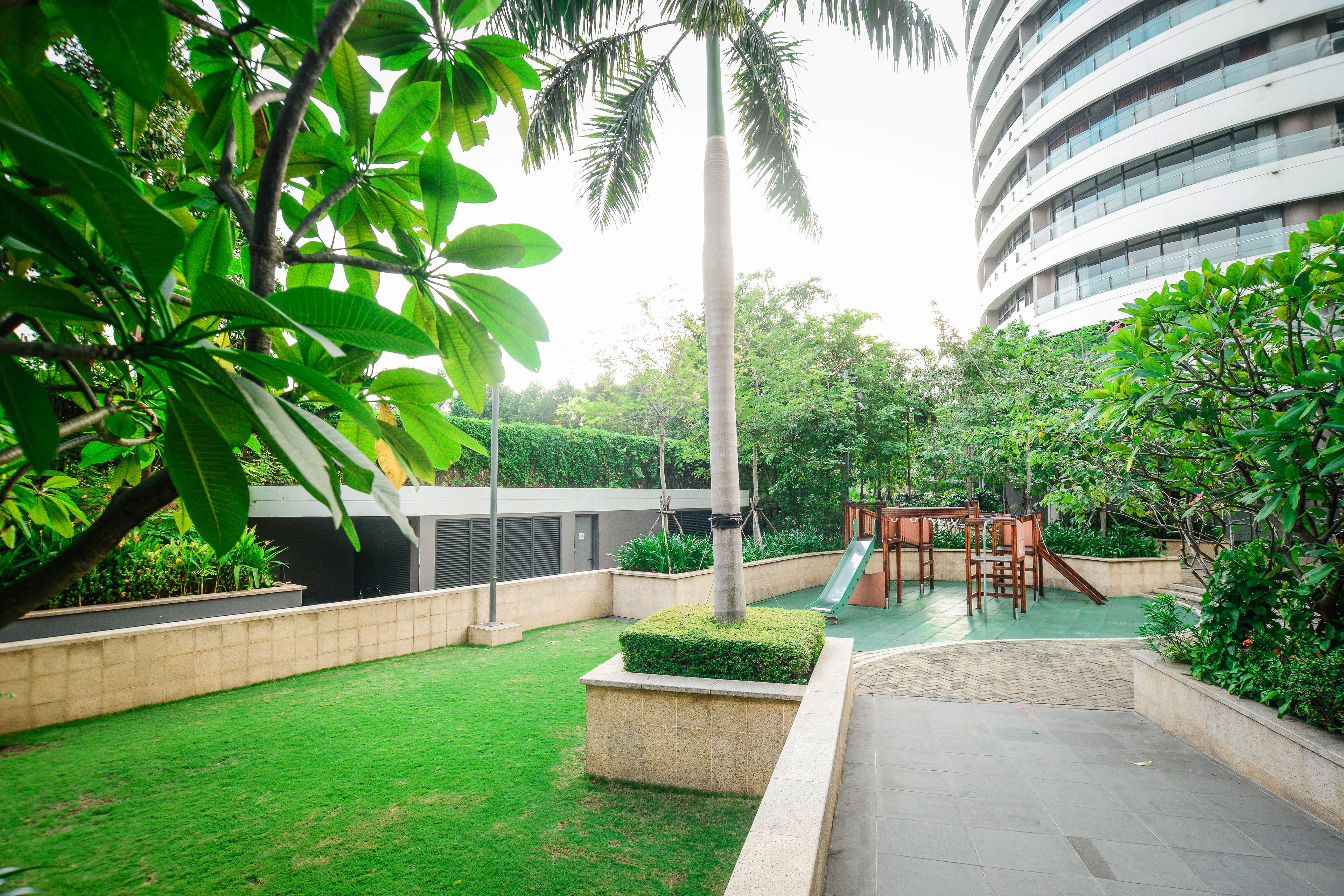 A courtyard with a playground, green lawn, and a tall palm tree.