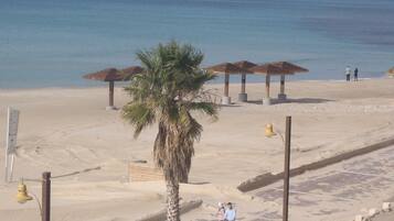 A beach with a palm tree, a wooden gazebo, and a couple with a stroller.