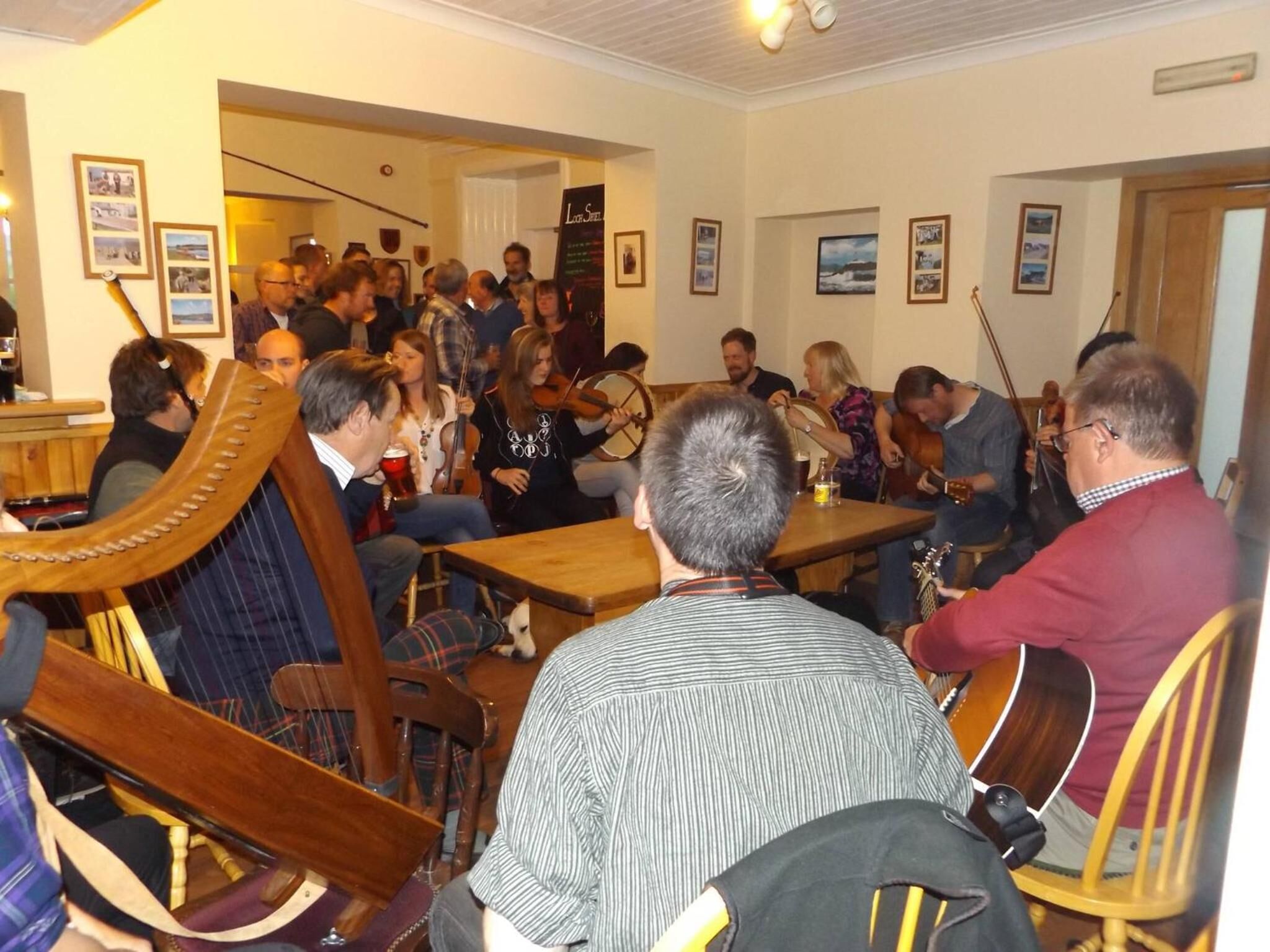 A group of people playing string instruments in a room with wooden furniture and framed pictures on the walls.