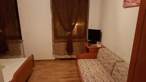 A room with a wooden floor, a bed, a sofa, a TV on a small table, and a window with curtains. - Gasthaus Lamm (Pforzheim)