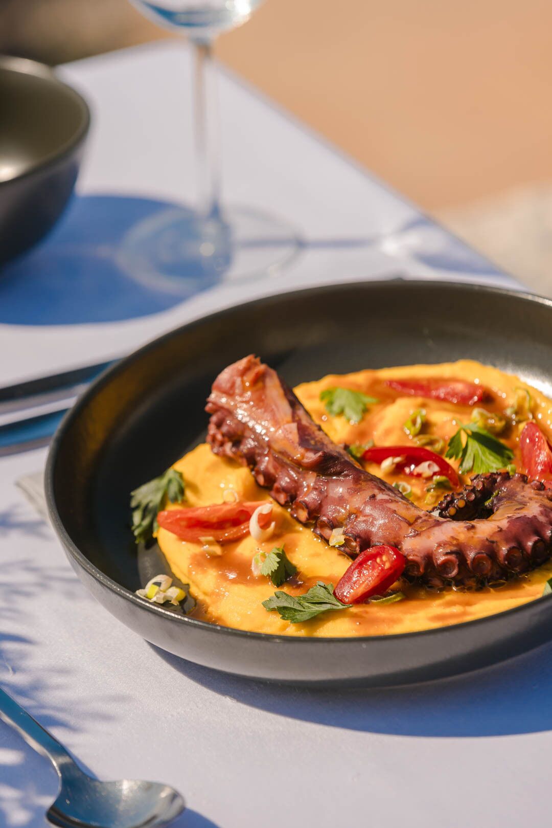 A plate of octopus with a creamy sauce, garnished with herbs and red chili slices.