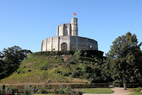 Un edificio histórico de piedra con una bandera en la parte superior, rodeado de un jardín ajardinado.