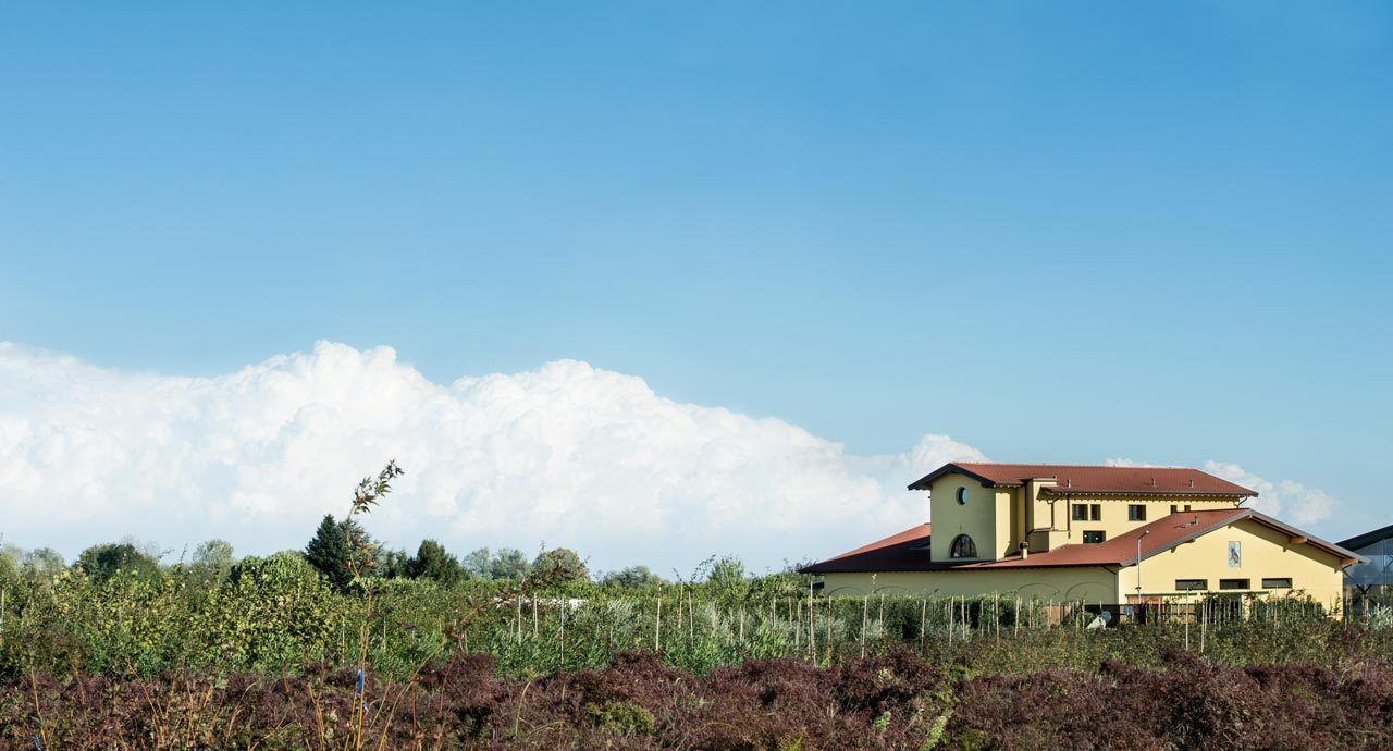 Une maison à deux étages avec un toit rouge, entourée d’un jardin et d’une clôture.