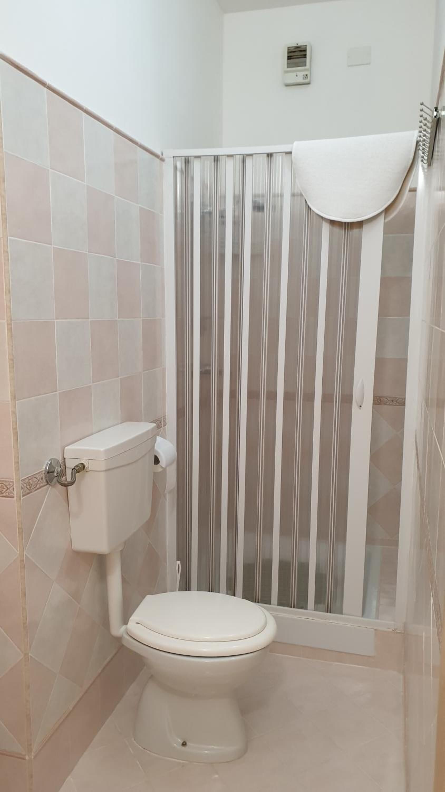 Un baño con inodoro, ducha con puerta de vidrio a rayas y lavabo blanco.