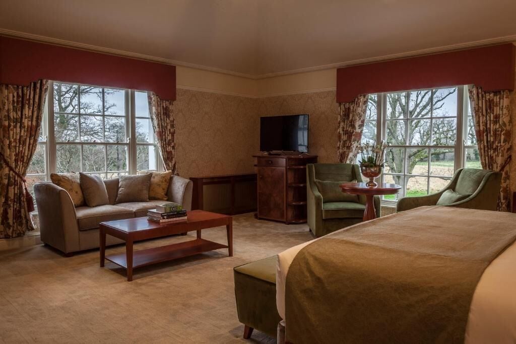 A hotel room with a sofa, a bed, a television, and a small table with a plant.