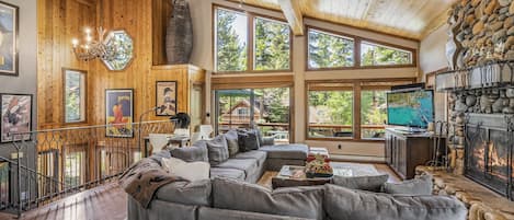 Una Smart TV, una chimenea, un reproductor de DVD, libros