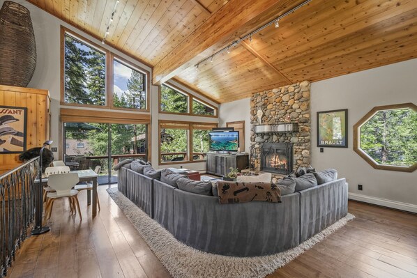 Smart TV, fireplace, DVD player, books