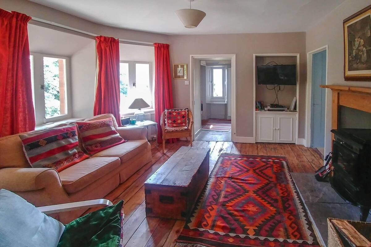 A living room with a sofa, a coffee table, a patterned rug, a fireplace, and a television.