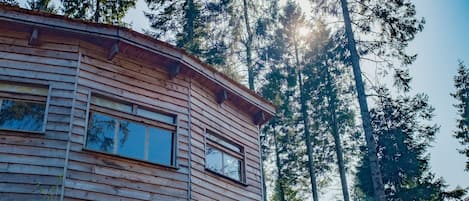 A wooden cabin with a sloped roof, surrounded by tall trees.