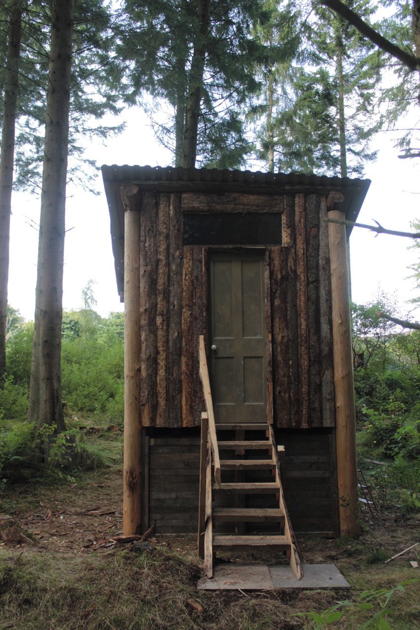 A rustic wooden cabin with a wooden door and a ladder leading to a small entrance.