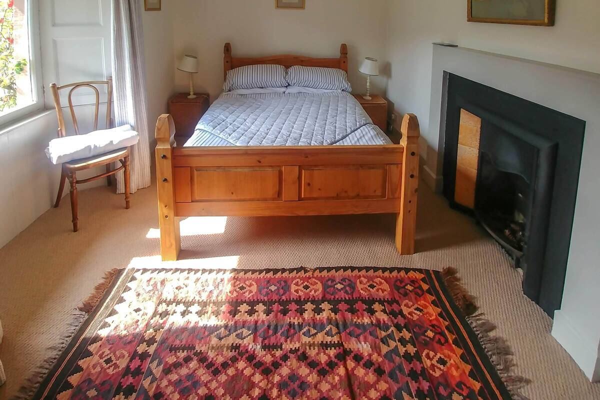 A bedroom with a wooden bed, two bedside tables with lamps, a chair, a patterned rug, a fireplace, and a window with curtains.