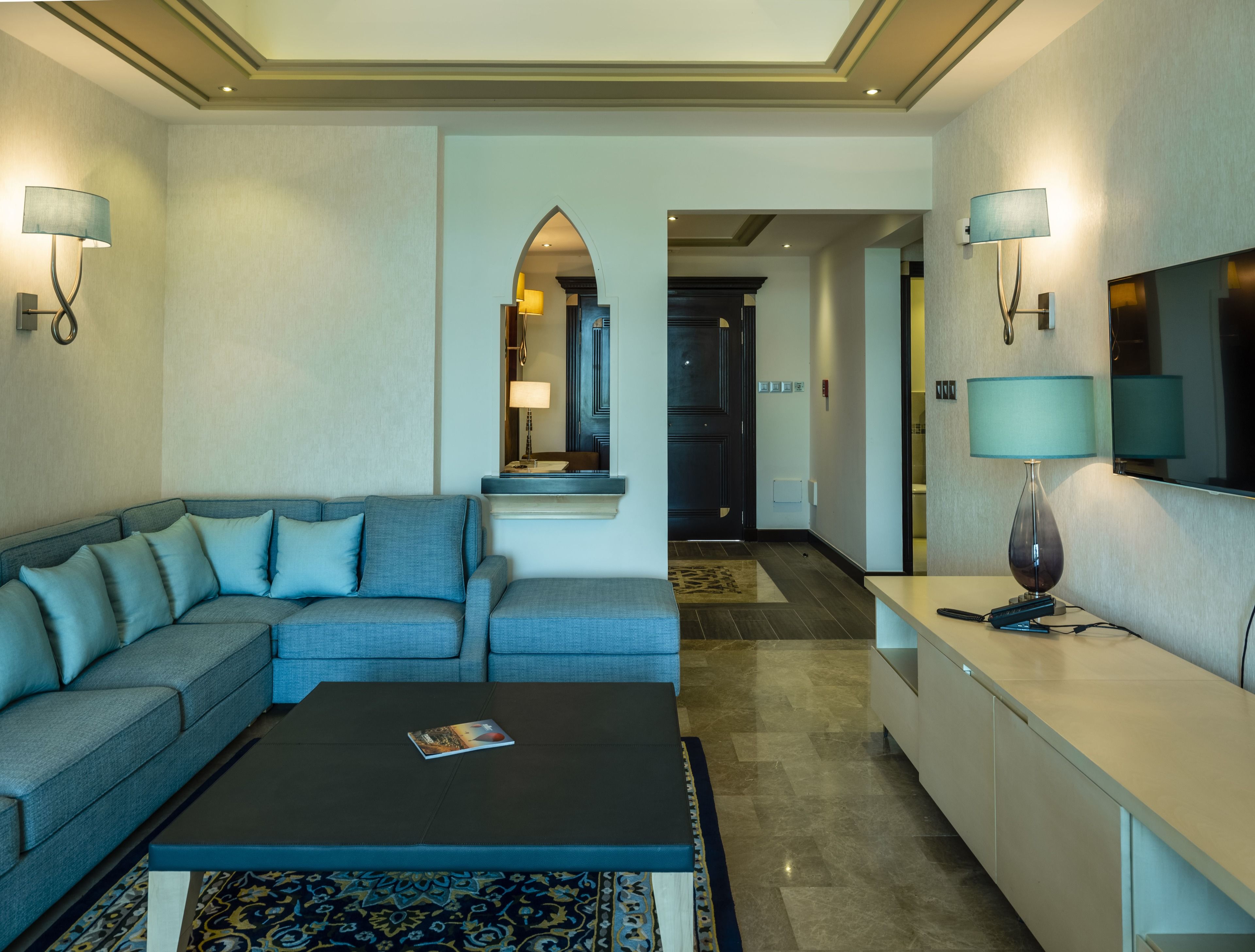 48-inch flat-screen TV with satellite channels, TV, iPod dock