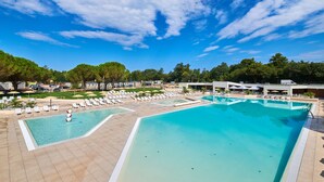 A large outdoor swimming pool with multiple lanes, surrounded by lounge chairs and umbrellas, set against a backdrop of trees and a clear sky. - Mobile Homes Stella Maris (Umag)