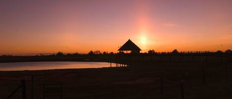 A sunset view with a thatched-roof structure near a body of water, surrounded by a fence and a few benches.