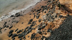 Une plage bordée d’une côte rocheuse, une colline verdoyante en arrière-plan et un bâtiment avec un escalier menant à la plage.