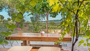 Een houten picknicktafel met bankjes en kussens, omringd door groen en een pad van stenen.