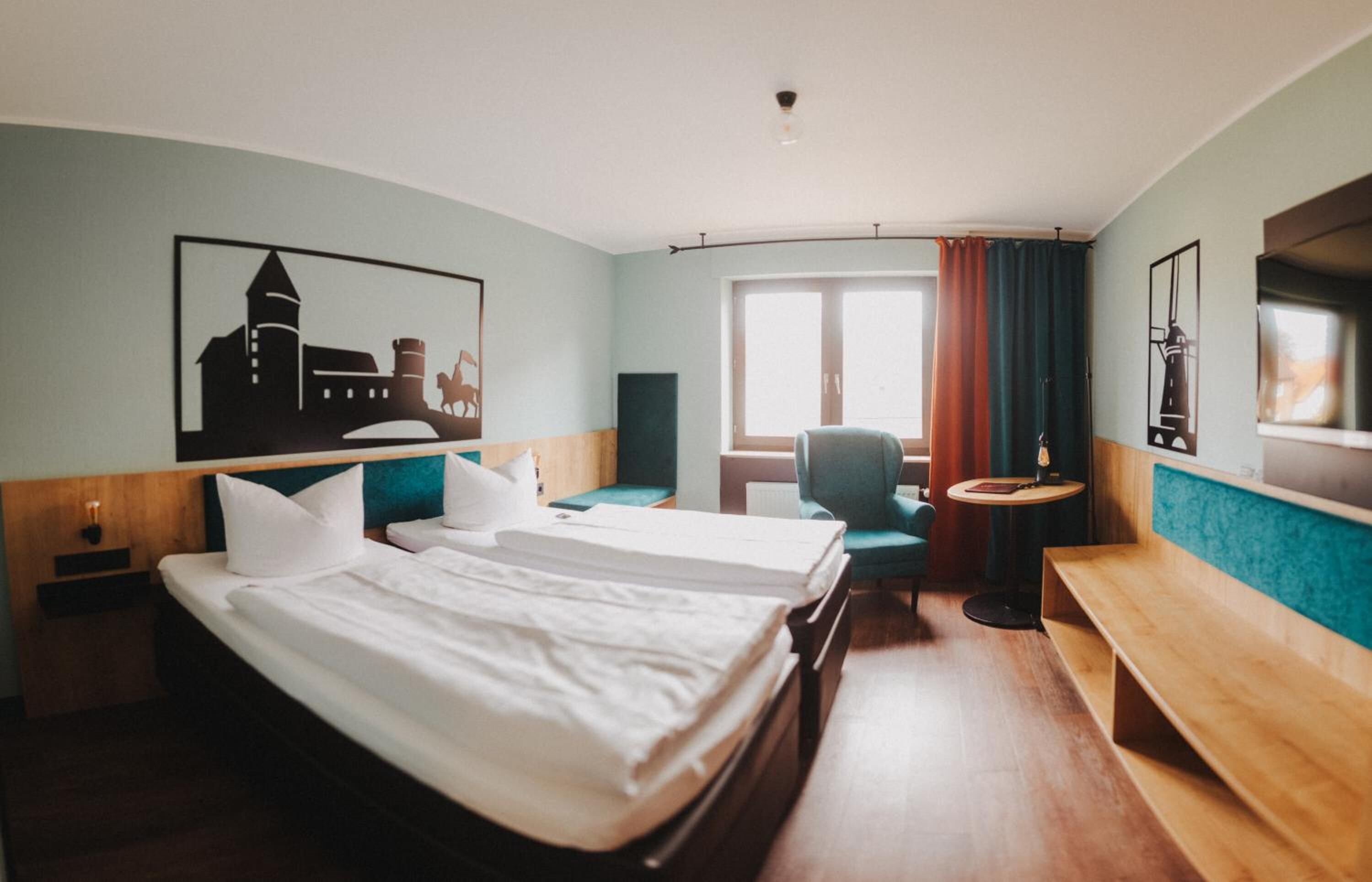 desk, blackout curtains, free wifi, bed sheets