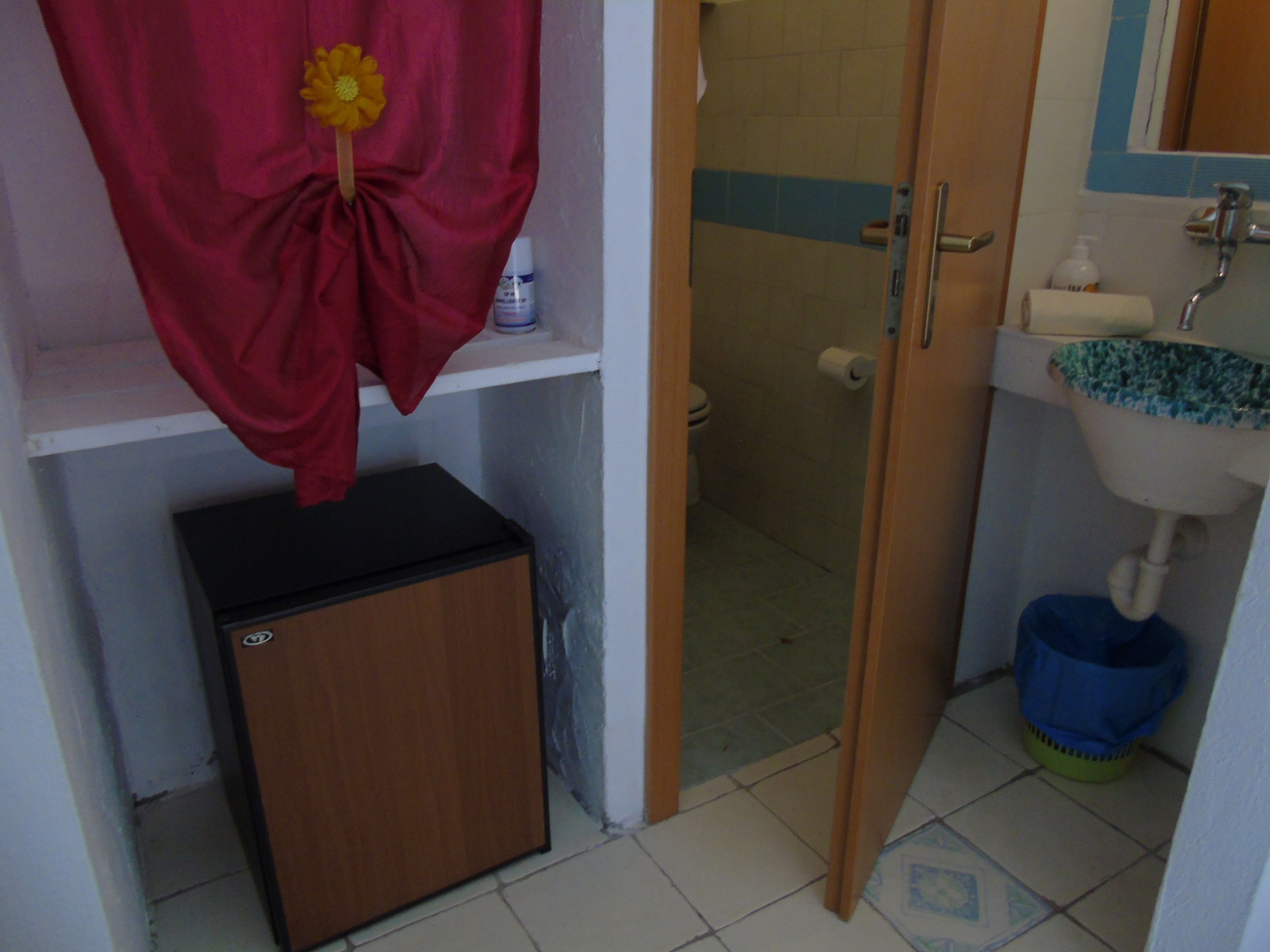 A bathroom with a shower, toilet, sink, and a small refrigerator.