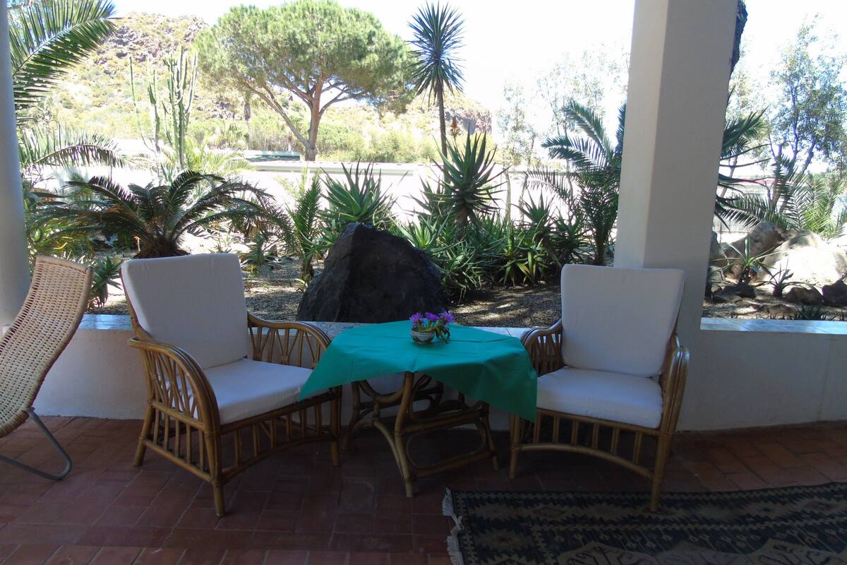 A covered patio with wicker chairs and a table, surrounded by a garden with various plants and a rock centerpiece.