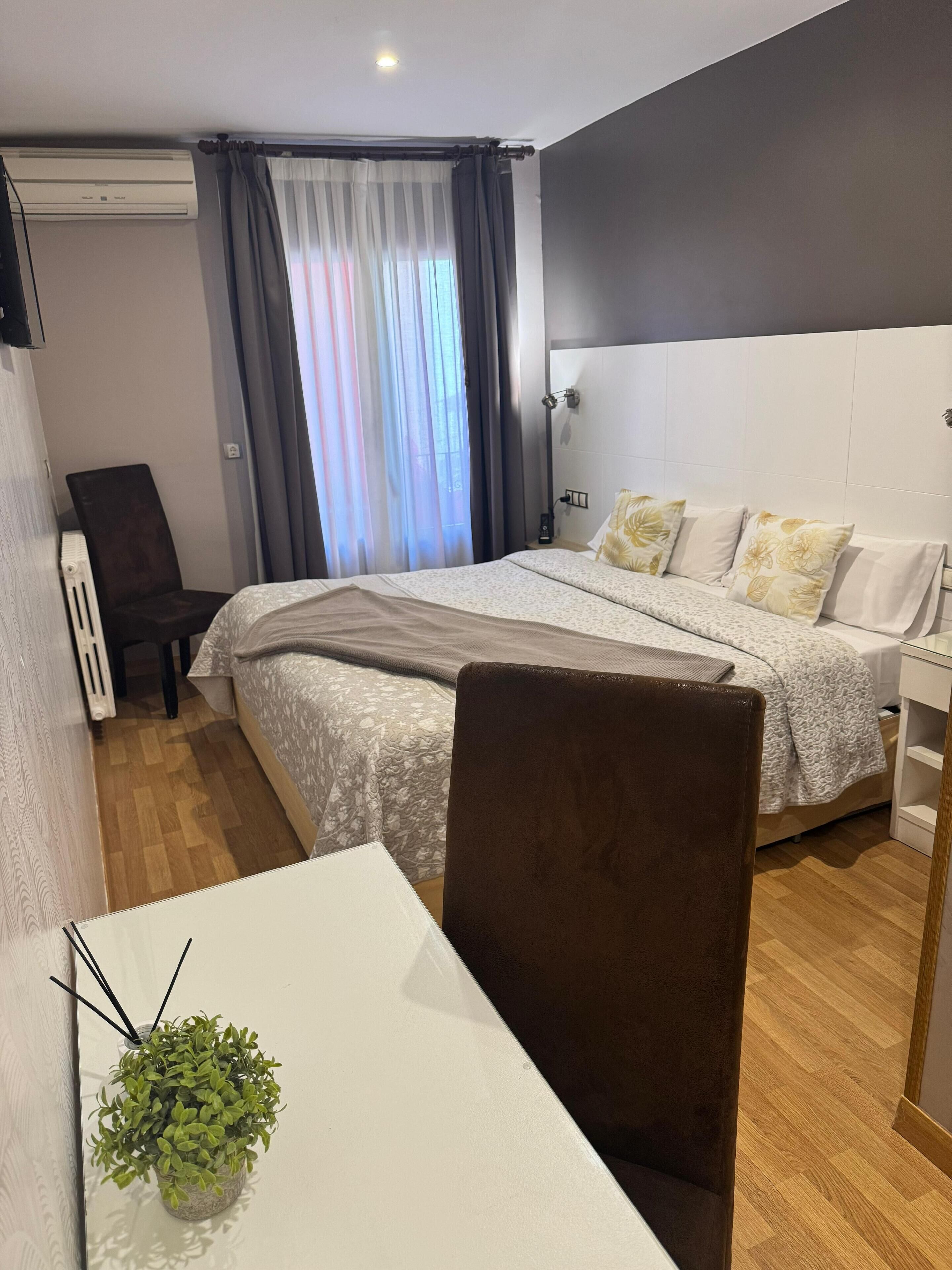 A hotel room with a bed, a chair, a table, and a potted plant.