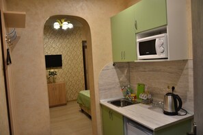 Apartment, 1 Bedroom, Courtyard View, Courtyard Area | Private kitchen | Fridge, microwave, coffee/tea maker, cookware/dishes/utensils - Apart33 (St. Petersburg)