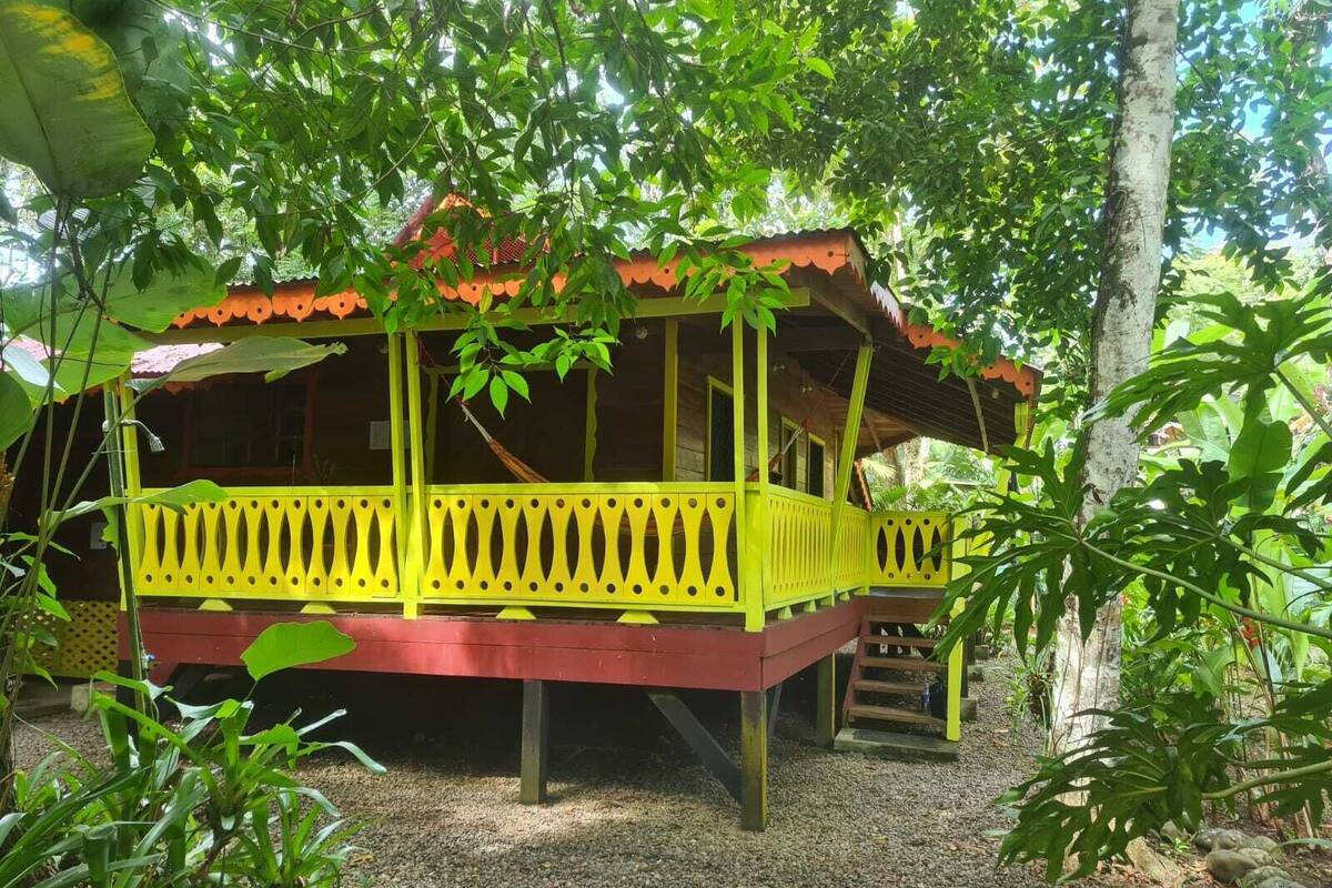 Estrutura de madeira com guarda-corrimão amarelo, cercada por folhagem densa.