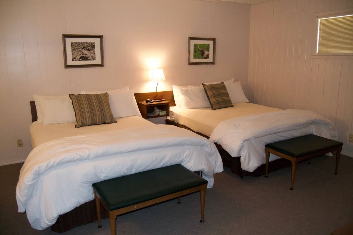 A room with two beds, each with a pillow and a bedside table with a lamp. There are framed pictures on the wall above each bed.