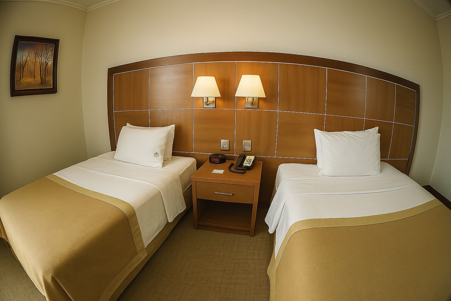 Habitación de hotel con dos camas individuales, cabecera de madera, lámparas de noche, teléfono y un cuadro enmarcado en la pared.