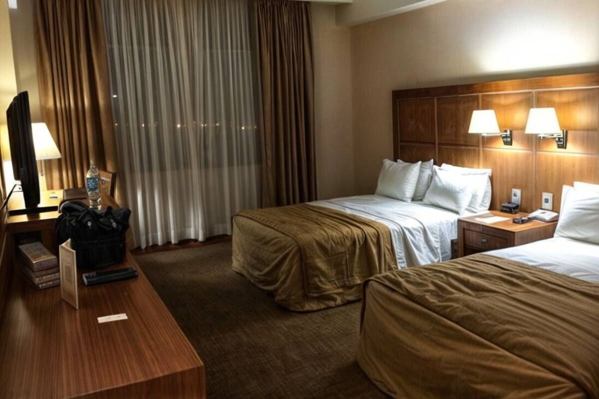 Una habitación de hotel con dos camas, un escritorio de madera, un televisor y una ventana con cortinas.
