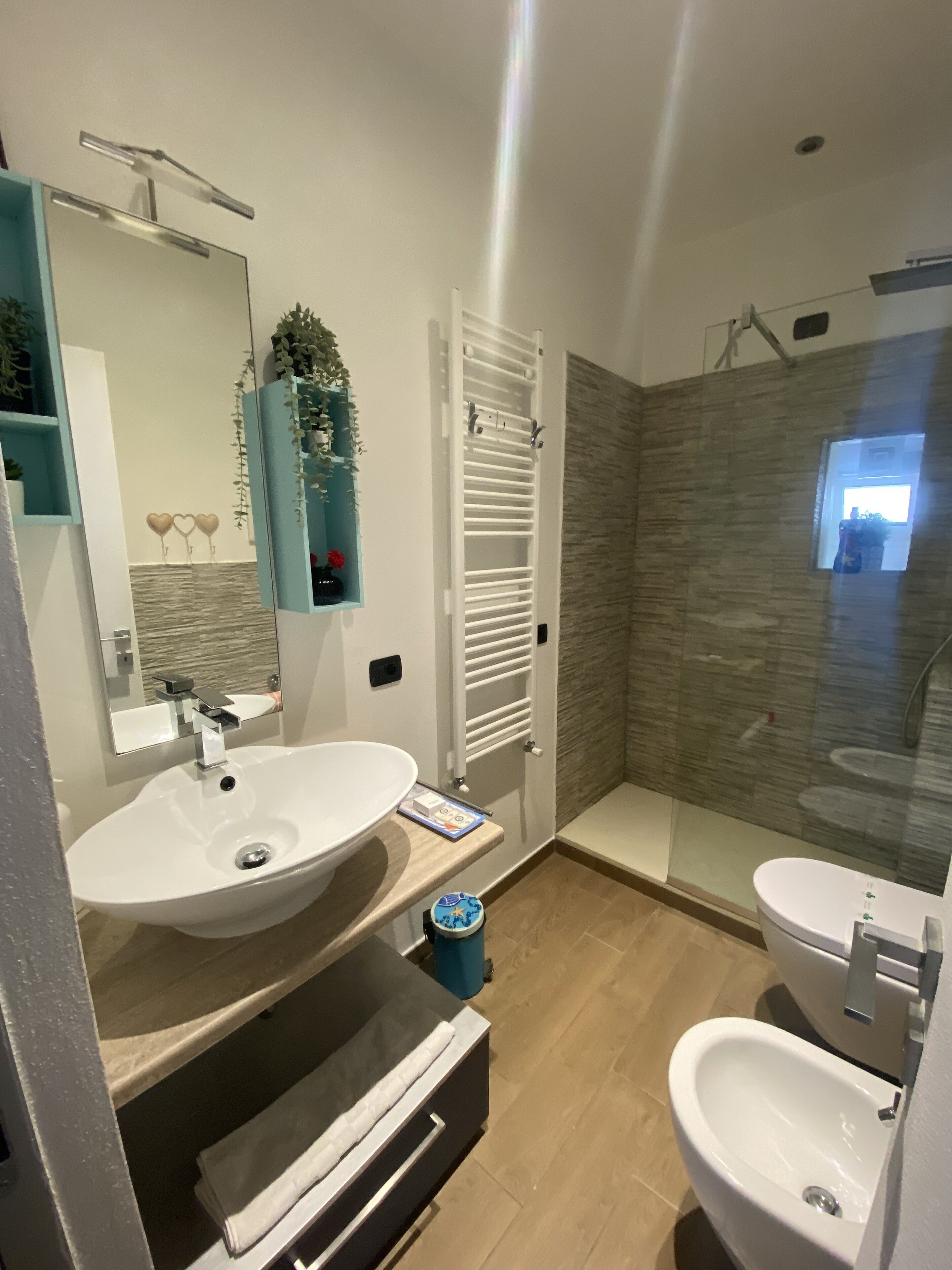 Shower, eco-friendly toiletries, hair dryer, bathrobes