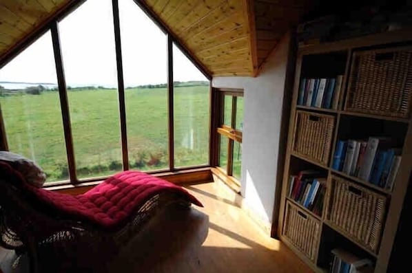 A room with a large window, a wooden ceiling, and a bookshelf.