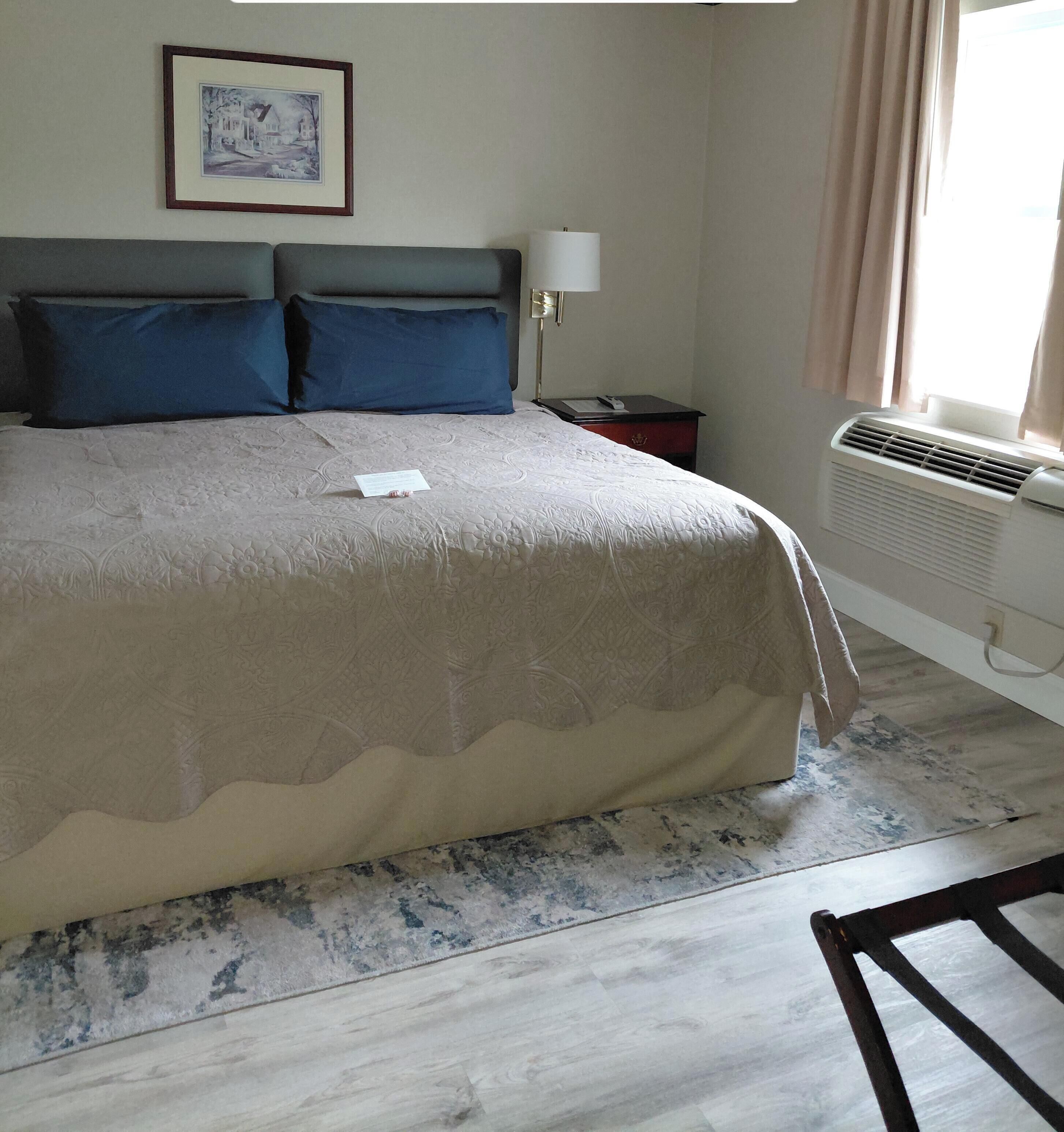 A bedroom with a bed, a nightstand, a lamp, a framed picture on the wall, and a window with curtains.